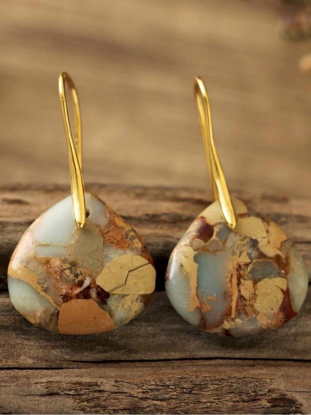 Gold-Tone Blue & Tan Natural Stone Drop Earrings - Picture 3 of 7